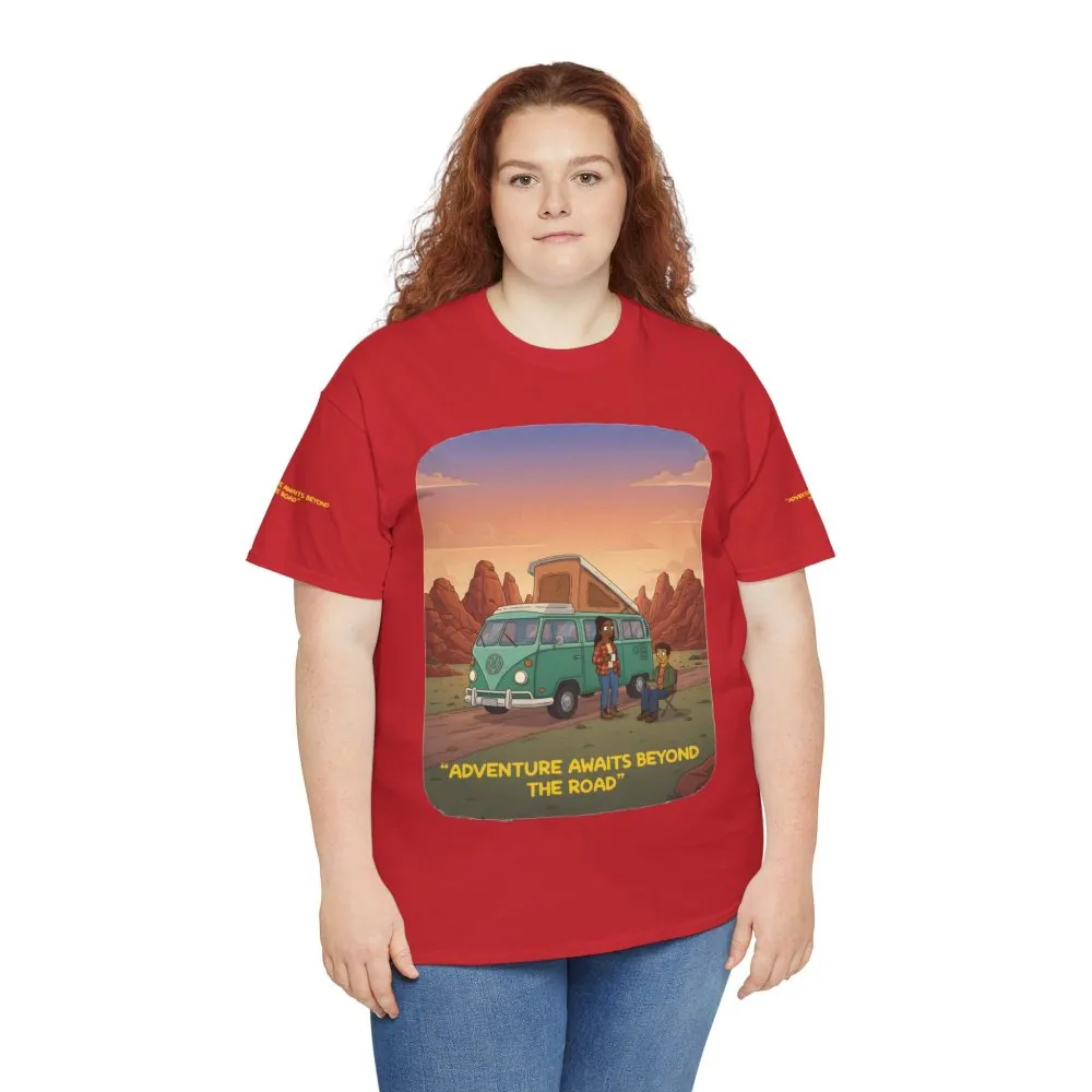 Unisex Heavy Cotton Tee — "Adventure Awaits Beyond The Road" Design Sitcom-Line