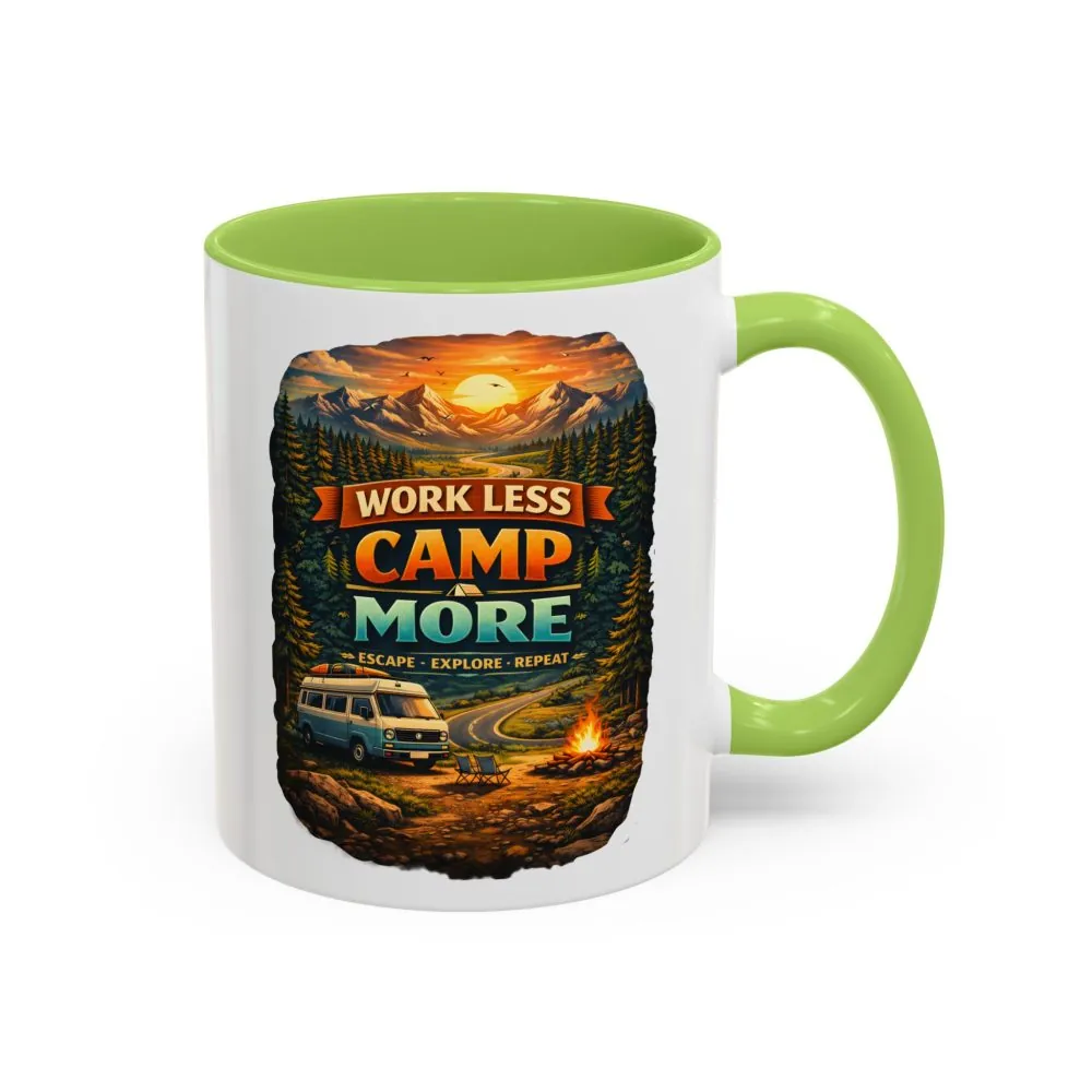 Accent Coffee Mug (11, 15oz) — "Work Less-Camp More" Design Scenic-Line