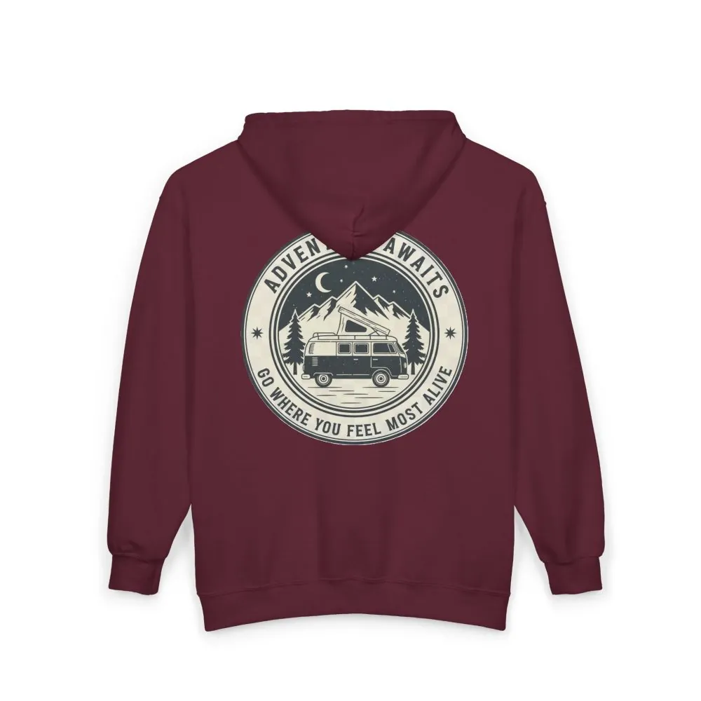 7926874363710525519_2048.jpeg Zip Hoodie — "Adventure Awaits-Go Where You Feel Most Alive" (Only Back Printed) Camper Van Adventure Zip-Up