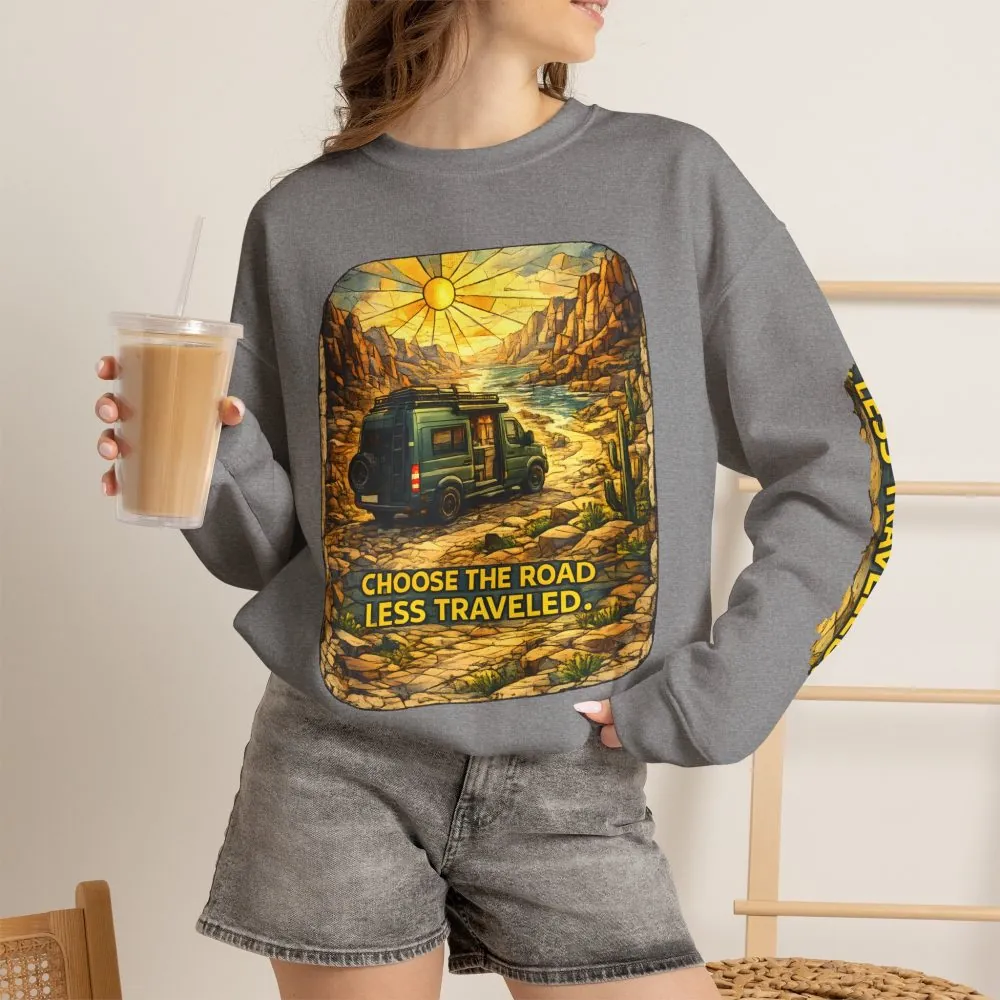 Unisex Heavy Blend™ Crewneck Sweatshirt — "Choose The Road Less Traveled" Design Cubic-Line