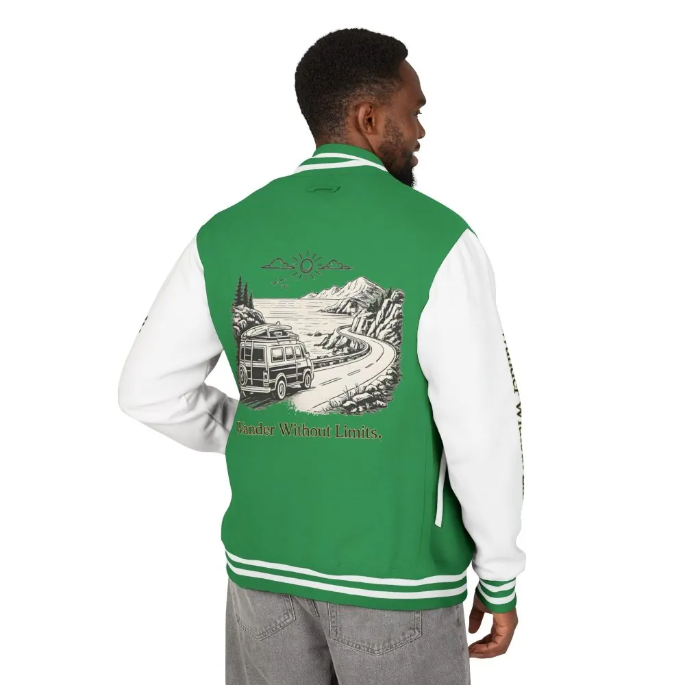 Unisex Heavyweight Letterman Jacket — "Wander Without Limits" Travel Varsity Coat