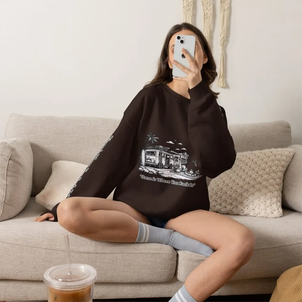 Unisex Heavy Blend™ Crewneck Sweatshirt — "Home Is Where You Park It" Design Minimal-Line