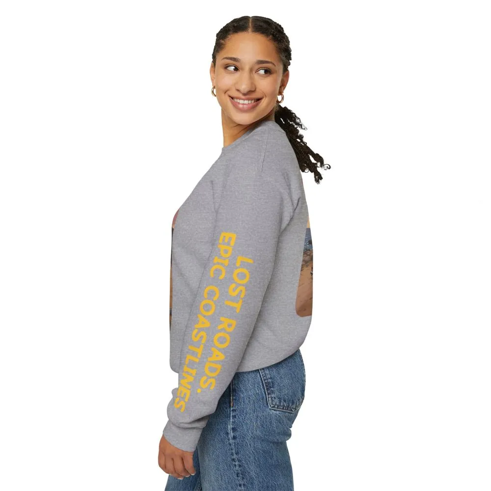Unisex Heavy Blend™ Crewneck Sweatshirt — "Lost Roads Epic Coastlines" Design Sitcom-Line