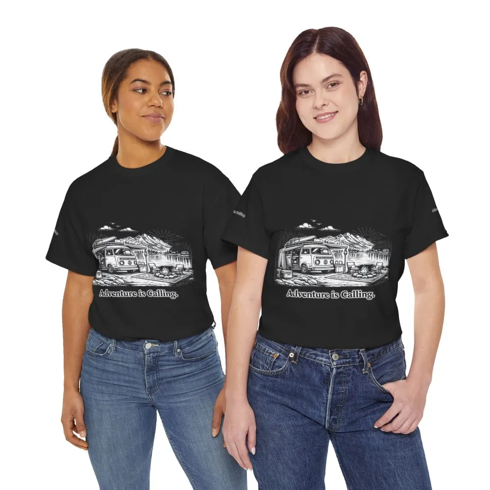 Unisex Heavy Cotton Tee — "Adventure Is Calling" Design Minimal-Line