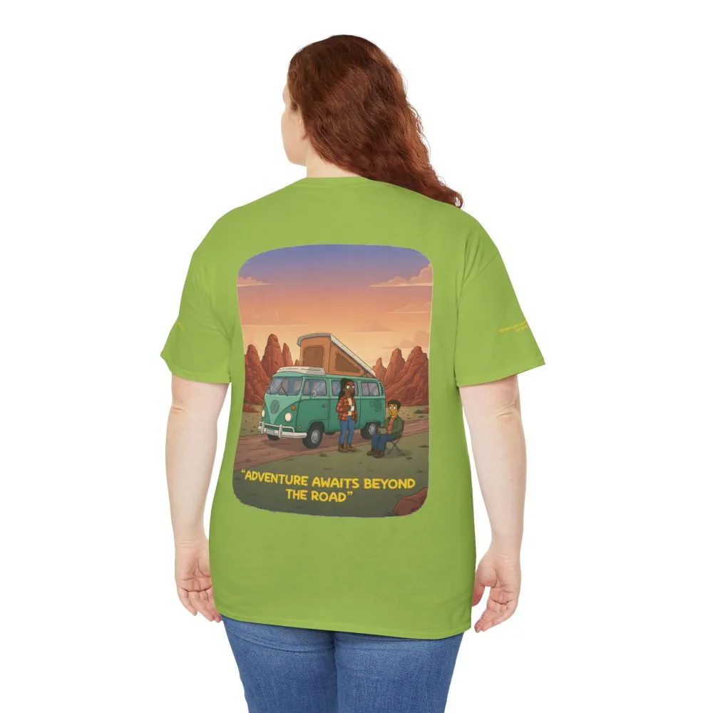 Unisex Heavy Cotton Tee — "Adventure Awaits Beyond The Road" Design Sitcom-Line