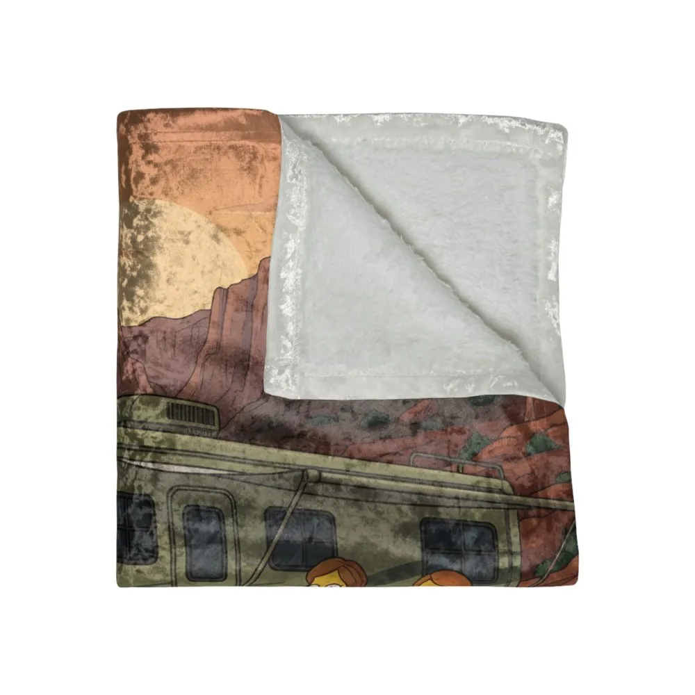 Crushed Velvet Blanket —"Adventure Is Calling-I Must Go" Design Sitcom-Line (Campervan)