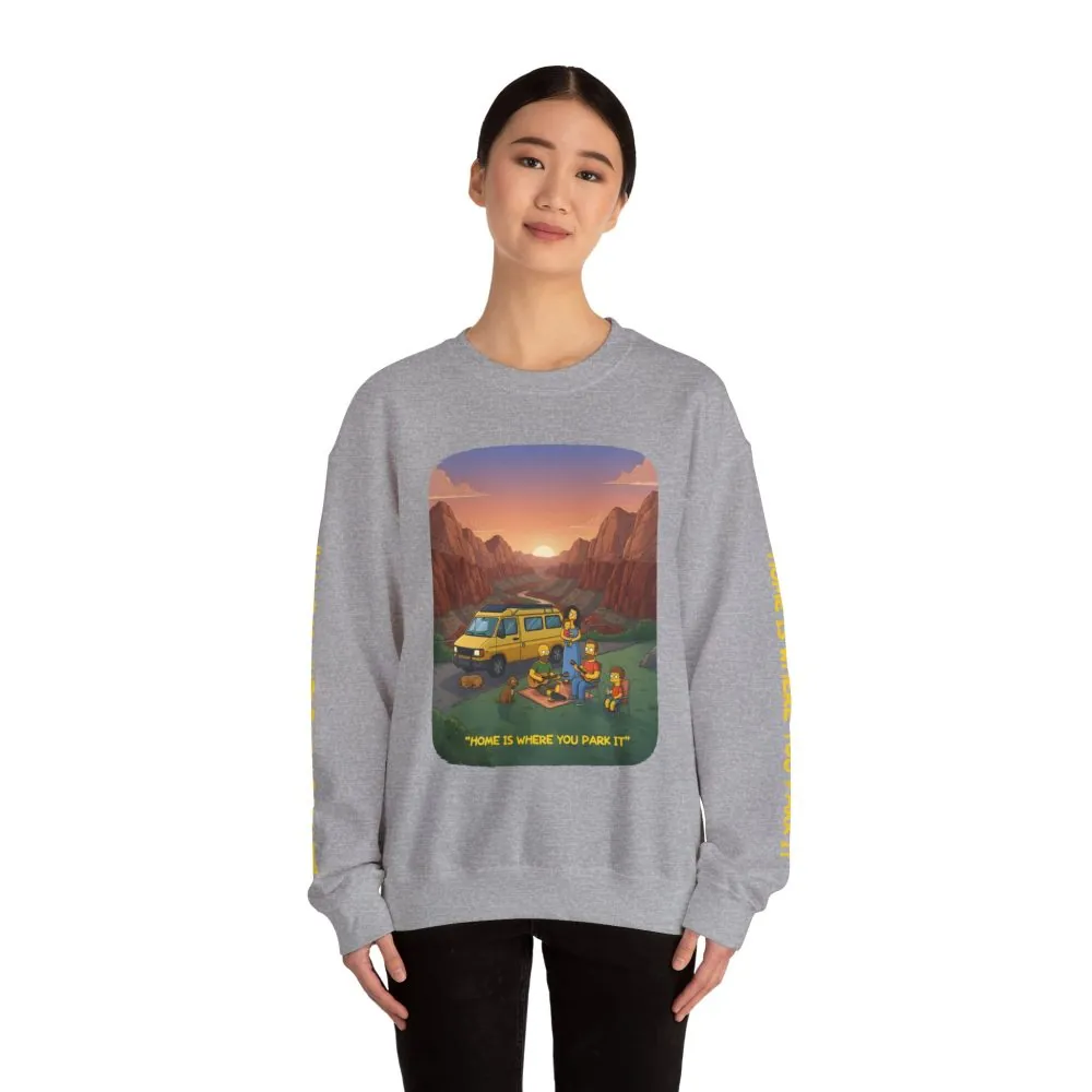 Unisex Heavy Blend™ Crewneck Sweatshirt — "Home Is Where You Park It" Design Sitcom-Line