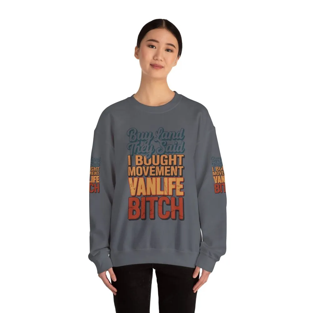 Unisex Heavy Blend™ Crewneck Sweatshirt — "Buy Land They Said" Design F**K-Line