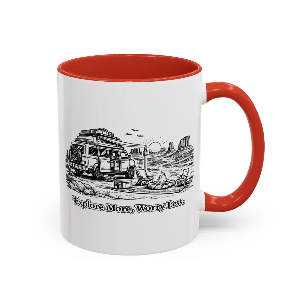 Accent Coffee Mug (11, 15oz) — "Explore More Worry Less" Design Minimal-Line