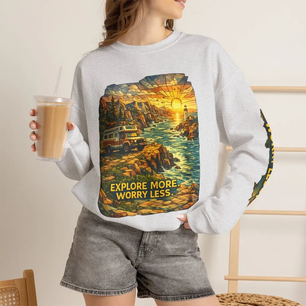 Unisex Heavy Blend™ Crewneck Sweatshirt — "Explore More Worry Less" Design Cubic-Line