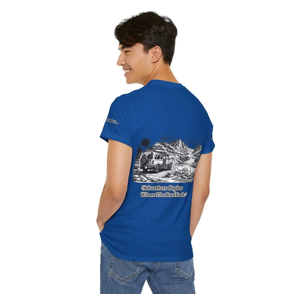 Unisex Heavy Cotton Tee — "Adventure Begins Where The Road Ends" Design Minimal-Line