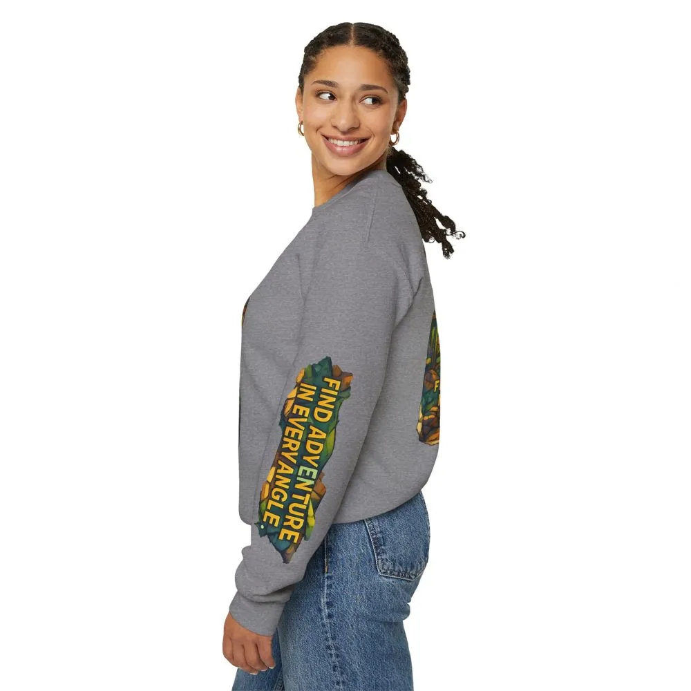 Unisex Heavy Blend™ Crewneck Sweatshirt — "Find Adventure In Every Corner" Design Cubic-Line