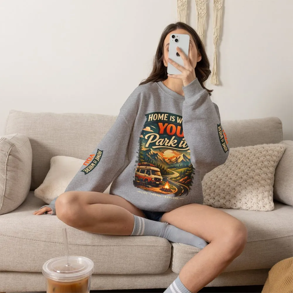 Unisex Heavy Blend™ Crewneck Sweatshirt — "Home Is Where You Park It" Design Scenic-Line