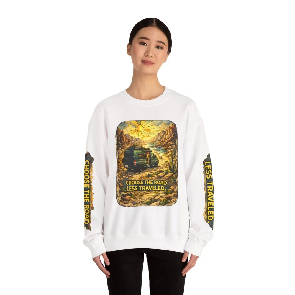 Unisex Heavy Blend™ Crewneck Sweatshirt — "Choose The Road Less Traveled" Design Cubic-Line