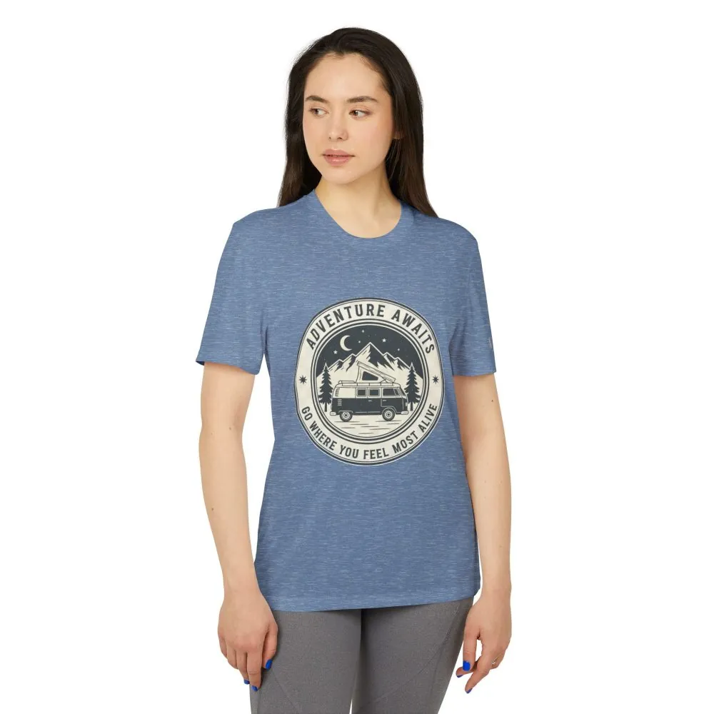 T-Shirt(Adidas) - 'Adventure Awaits-Go Where You Feel Most Alive' (Front + back printed)