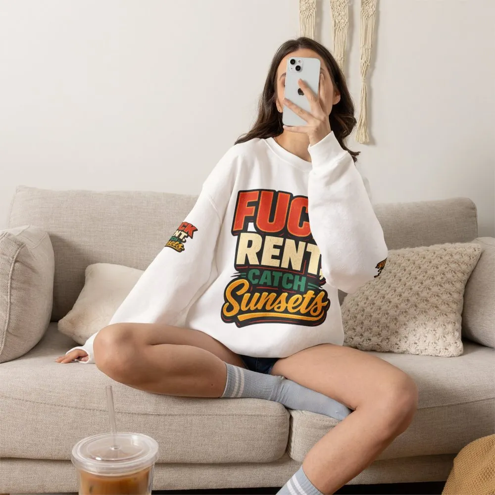 Unisex Heavy Blend™ Crewneck Sweatshirt — "Fuck Rent Catch Sunsets" Design F**K-Line