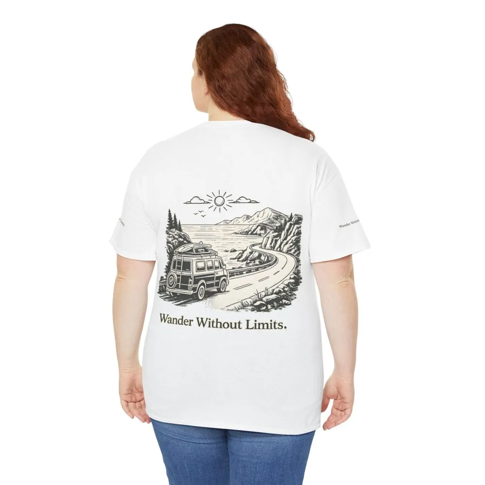 Unisex Heavy Cotton Tee — "Wander Without Limits" Design Minimal-Line