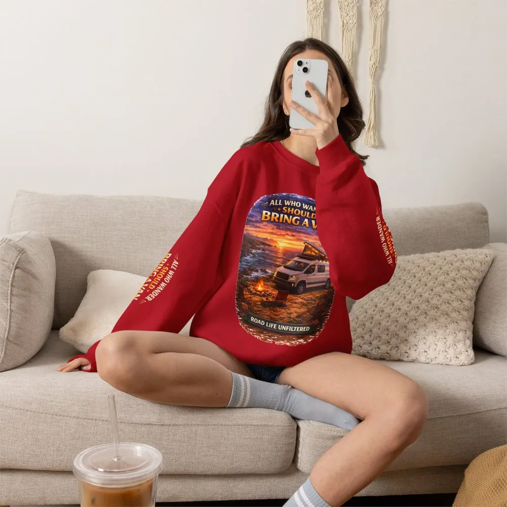 809211401156639475_2048.jpeg Unisex Heavy Blend™ Crewneck Sweatshirt — "All Who wander Should Bring A Van" Design Scenic-Line