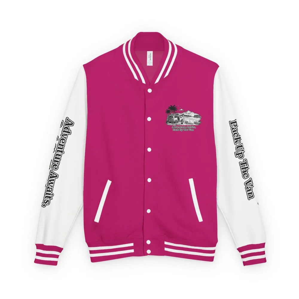 Unisex Heavyweight Letterman Jacket — "Adventure Awaits,Pack Up The Van" Travel Varsity Coat