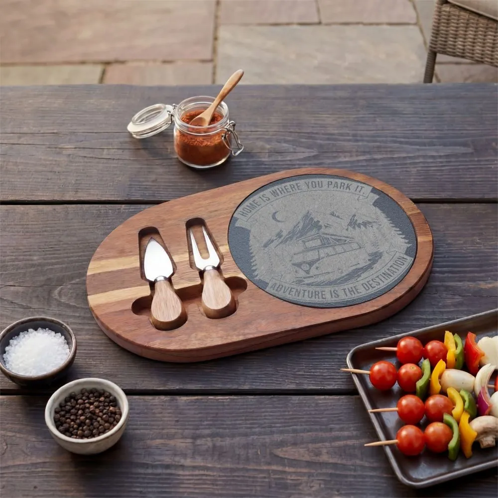 Engraved Charcuterie Board - "Home Is Where You Park It-Adventure is the destination" (4 Variants Available)