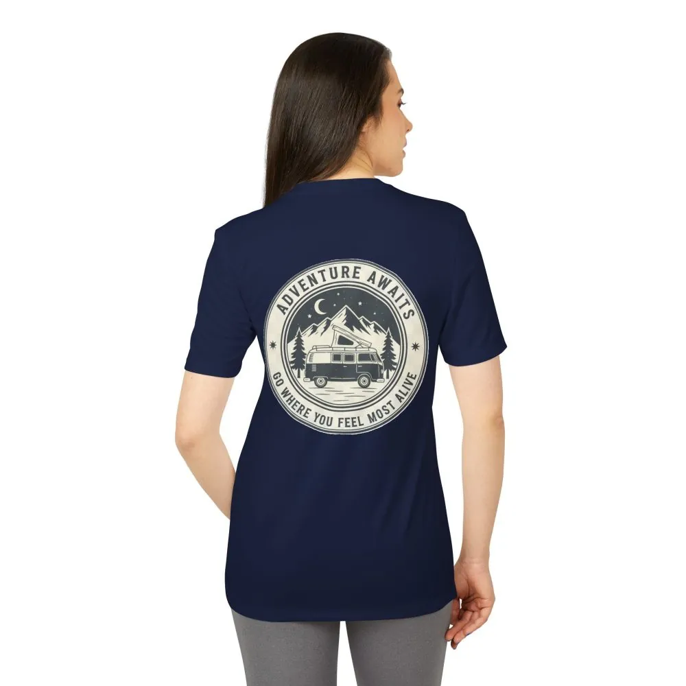 T-Shirt(Adidas) - 'Adventure Awaits-Go Where You Feel Most Alive' (Front + back printed)