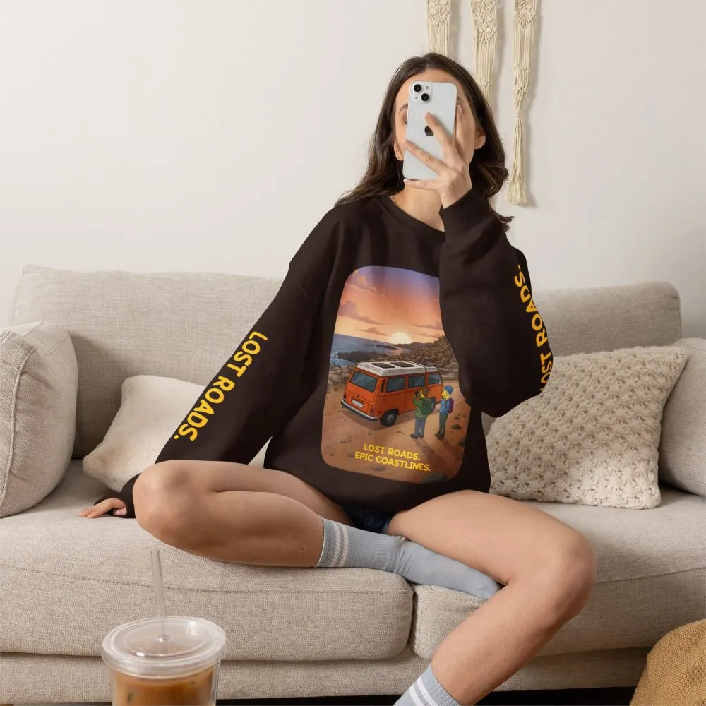 Unisex Heavy Blend™ Crewneck Sweatshirt — "Lost Roads Epic Coastlines" Design Sitcom-Line