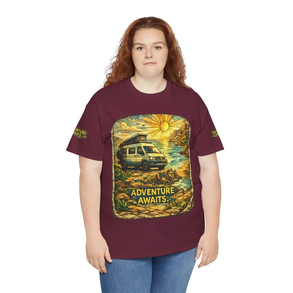 Unisex Heavy Cotton Tee — "Adventure Awaits" Design Cubic-Line