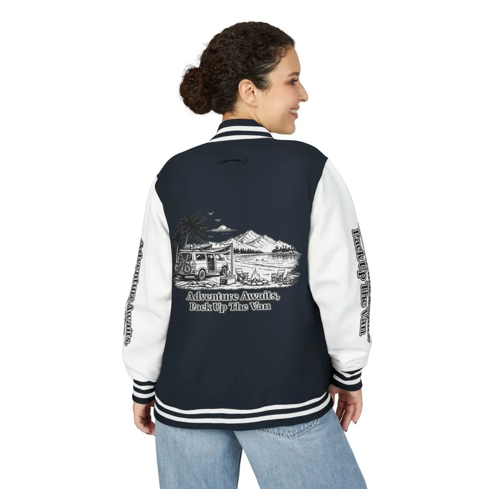 Unisex Heavyweight Letterman Jacket — "Adventure Awaits,Pack Up The Van" Travel Varsity Coat