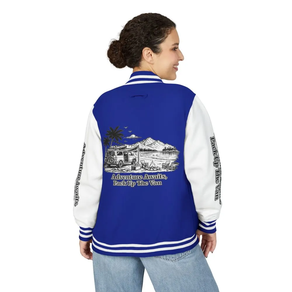 Unisex Heavyweight Letterman Jacket — "Adventure Awaits,Pack Up The Van" Travel Varsity Coat
