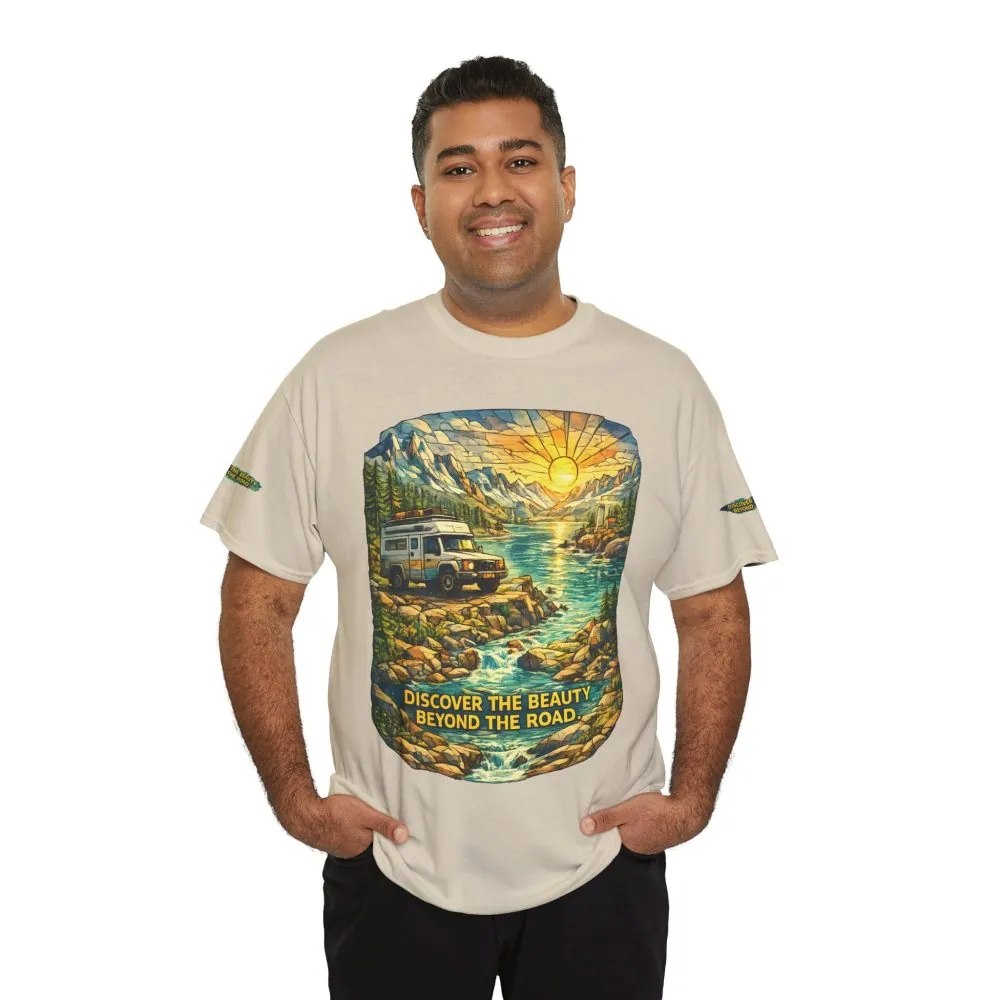 Unisex Heavy Cotton Tee — "Discover The Bieuty Beyond The Road" Design Cubic-Line