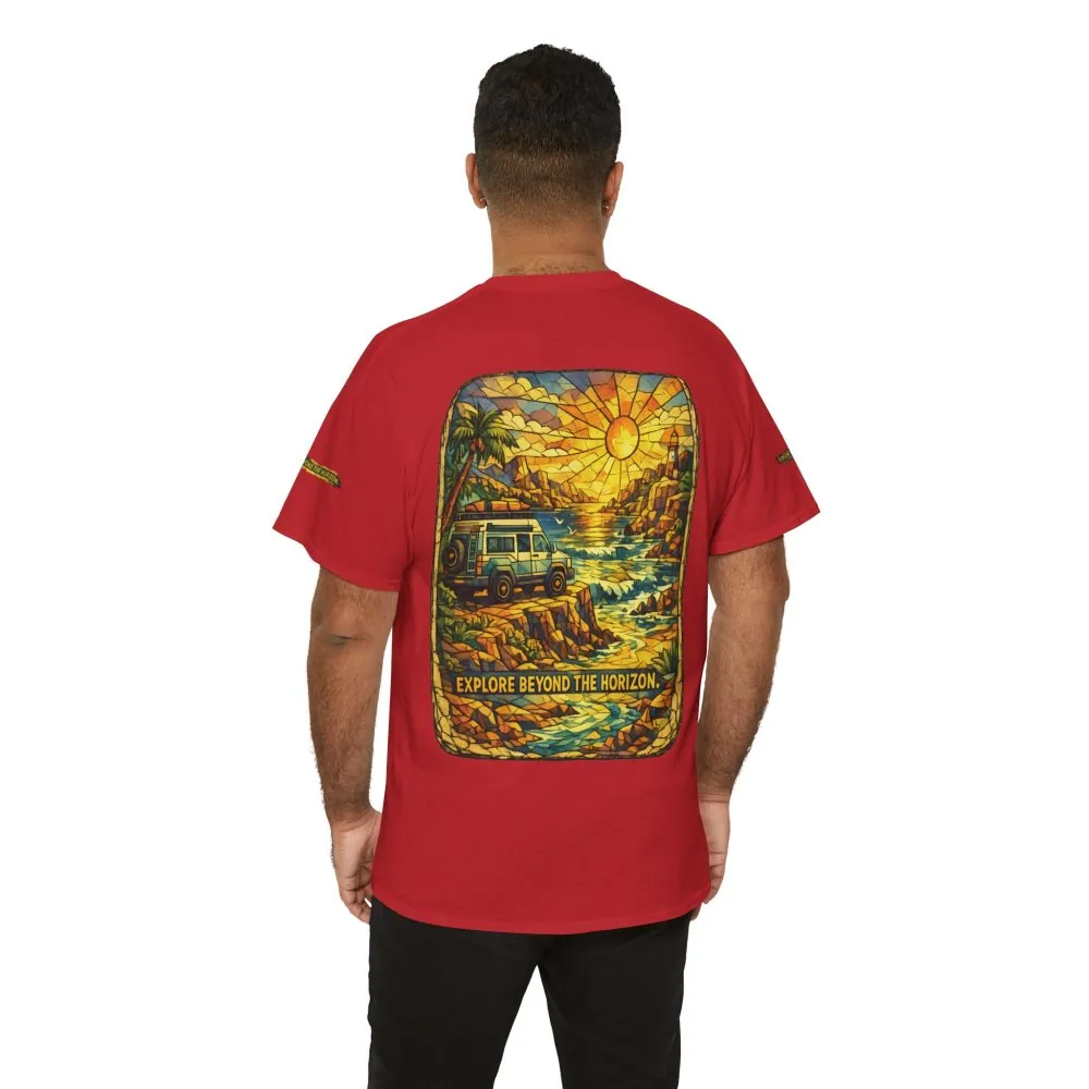 Unisex Heavy Cotton Tee — "Explore Beyond The Horizon" Design Cubic-Line