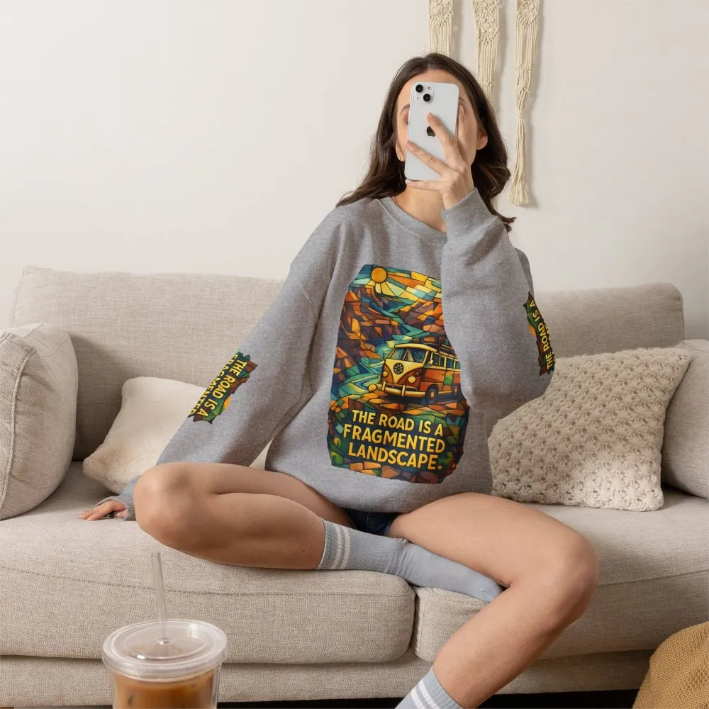 Unisex Heavy Blend™ Crewneck Sweatshirt — "The Road Is A Fragmented Landscape" Design Cubic-Line