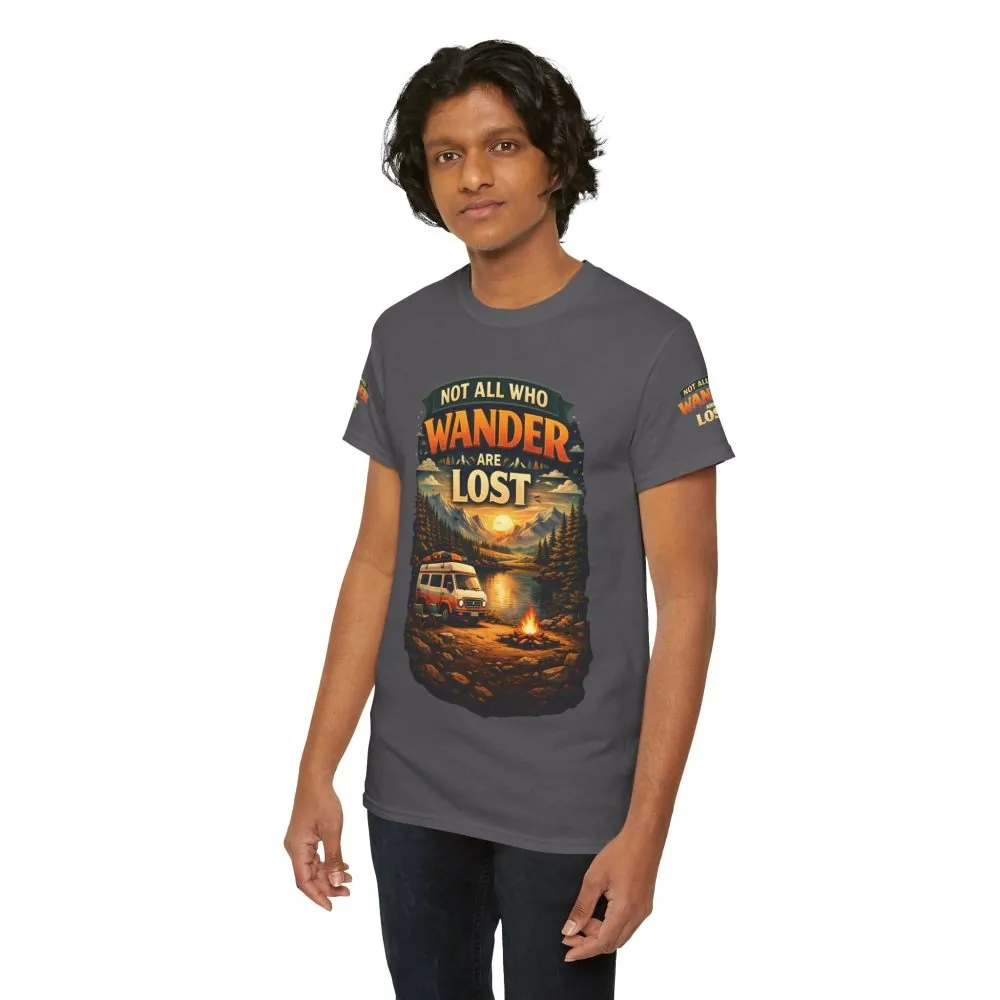 Unisex Heavy Cotton Tee — "Not All Who Wander Are Lost" Design Scenic-Line