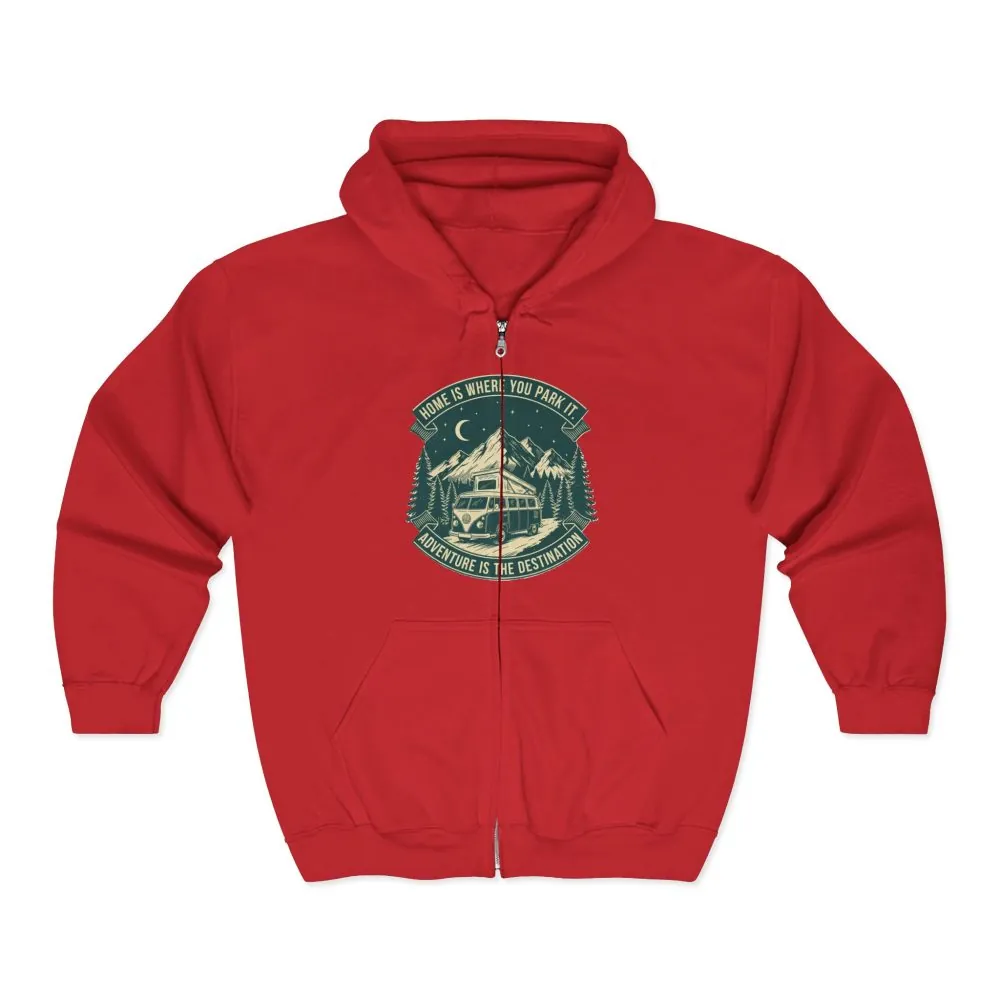 8206185059752786813_2048.jpeg Zip Hoodie — "Home Is Where You Park It-Adventure is the destination"(Front + Back Printed) Camper Van Adventure Zip-Up