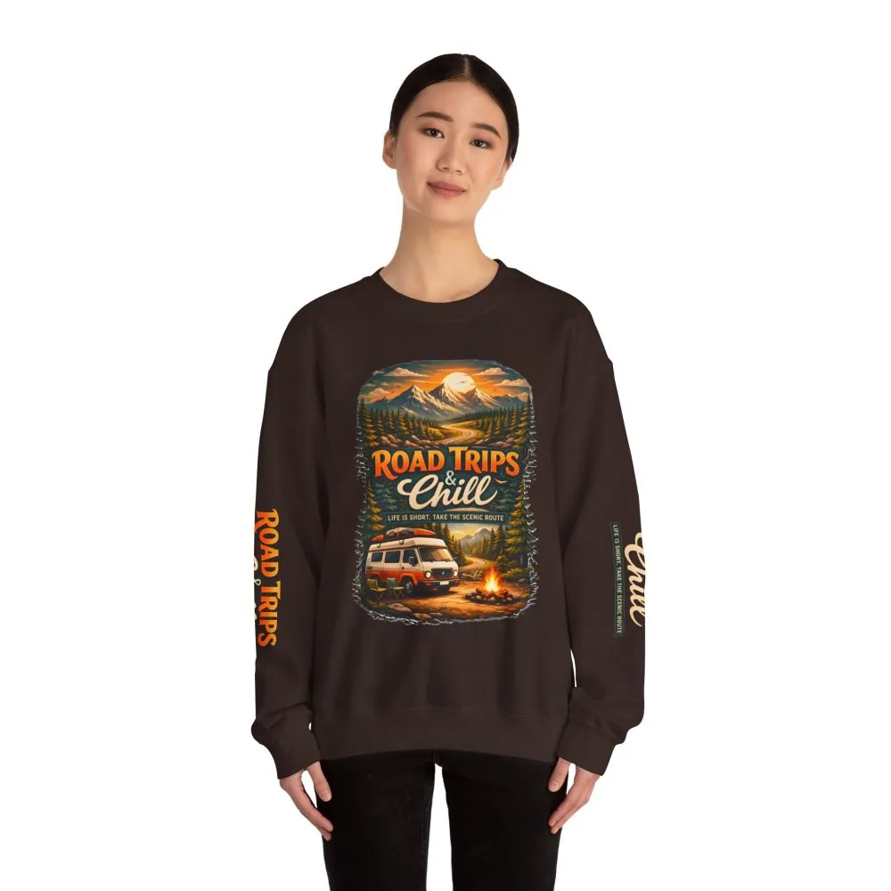 Unisex Heavy Blend™ Crewneck Sweatshirt — "Road Trips & Chill" Design Scenic-Line