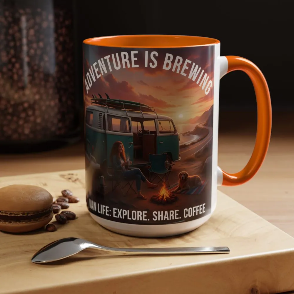 Accent Coffee Mug (11, 15oz) — "Adventure is brewing"