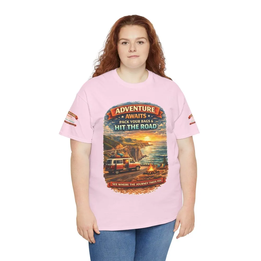 Unisex Heavy Cotton Tee — "Adventure Awaits-Pack Your Bags" Design Scenic-Line