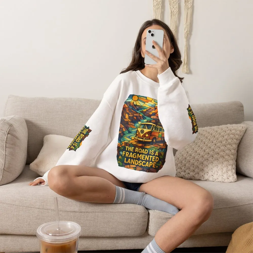 Unisex Heavy Blend™ Crewneck Sweatshirt — "The Road Is A Fragmented Landscape" Design Cubic-Line
