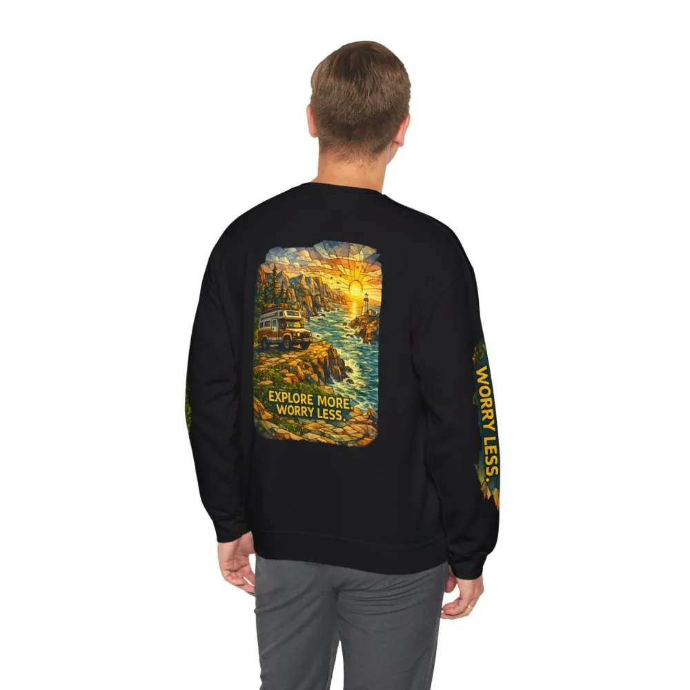 Unisex Heavy Blend™ Crewneck Sweatshirt — "Explore More Worry Less" Design Cubic-Line