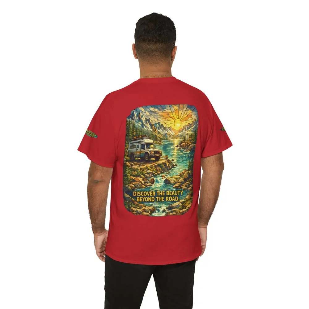 Unisex Heavy Cotton Tee — "Discover The Bieuty Beyond The Road" Design Cubic-Line