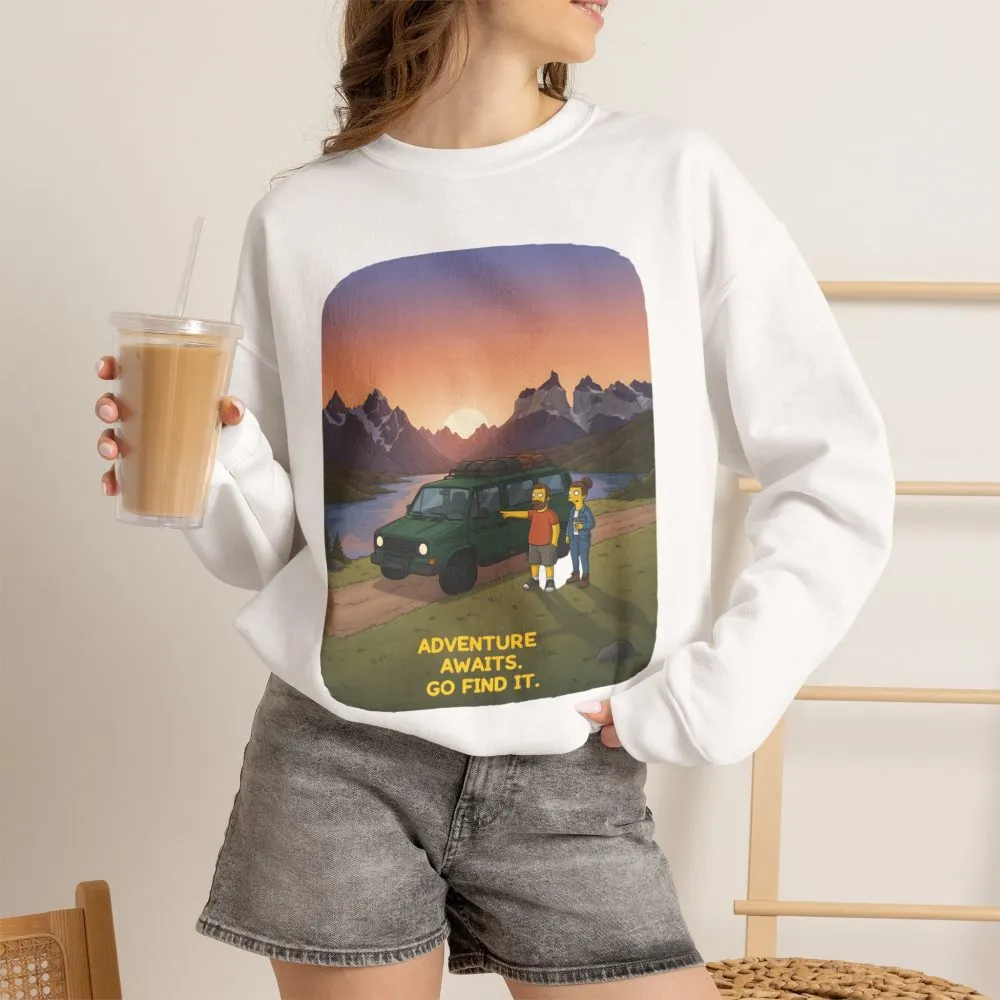 Unisex Heavy Blend™ Crewneck Sweatshirt — "Adventure Awaits-Go Find It" Design Sitcom-Line