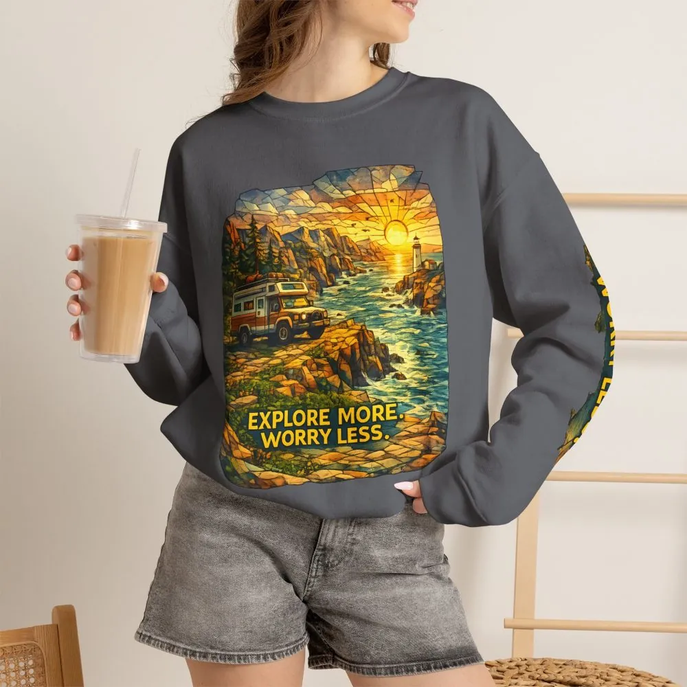 Unisex Heavy Blend™ Crewneck Sweatshirt — "Explore More Worry Less" Design Cubic-Line