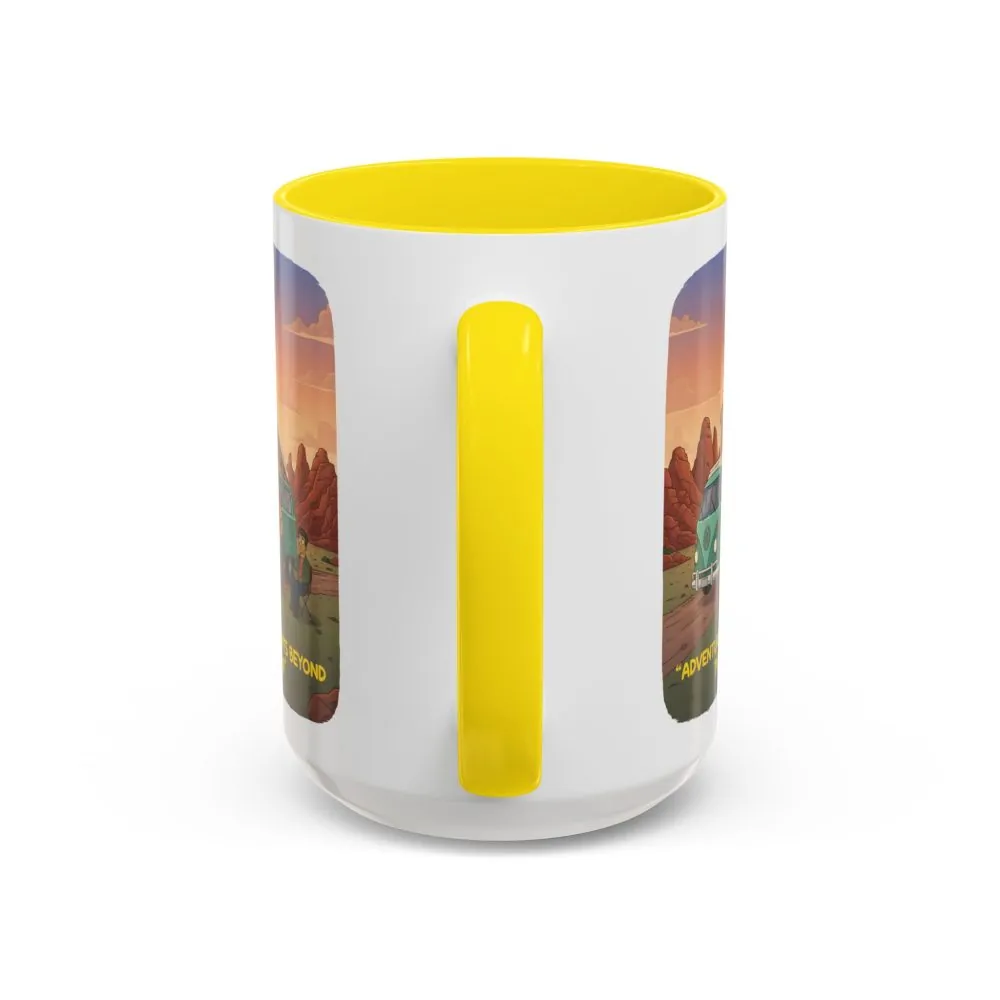 Accent Coffee Mug (11, 15oz) — "Adventure Awaits Beyond The Road" Design Sitcom-Line