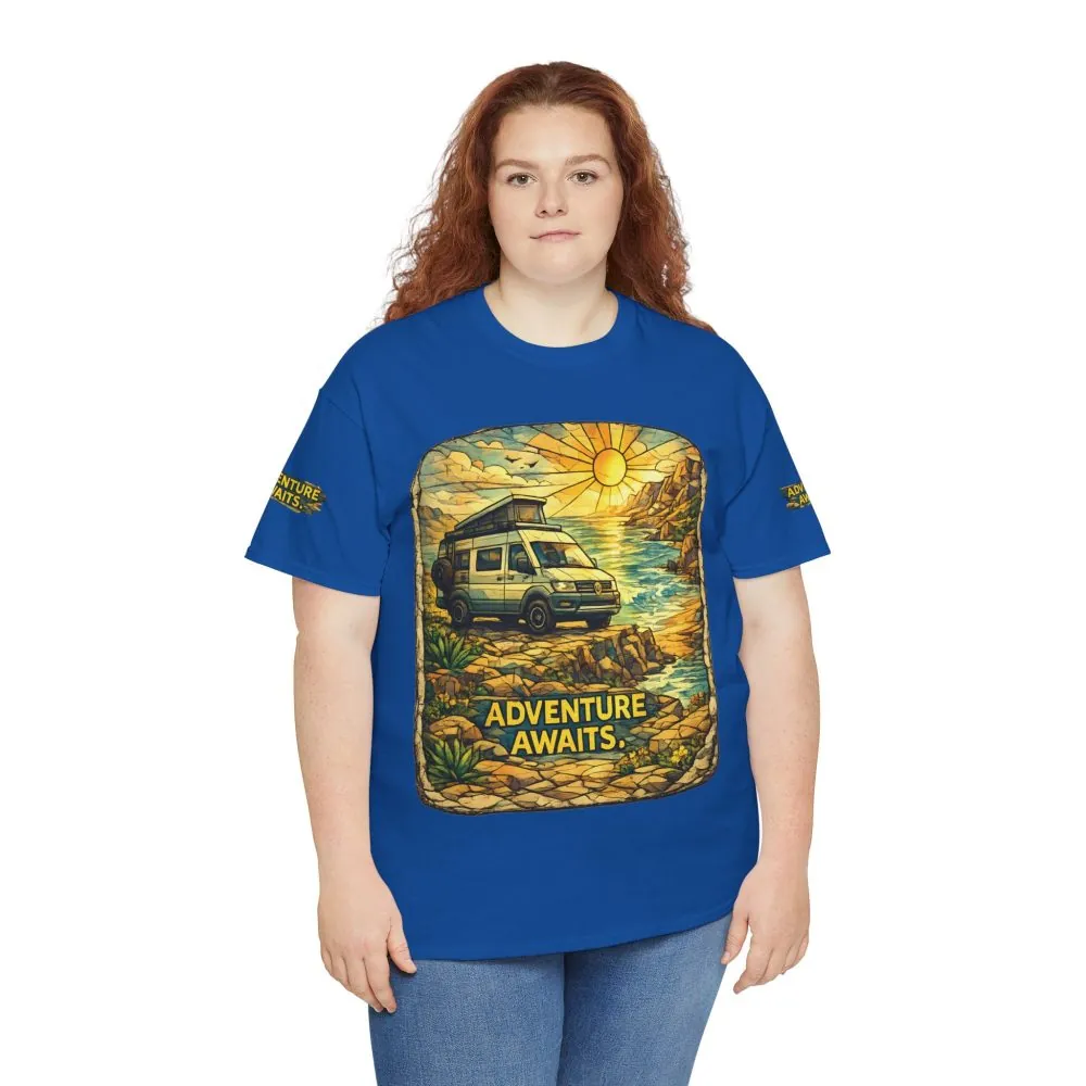 Unisex Heavy Cotton Tee — "Adventure Awaits" Design Cubic-Line