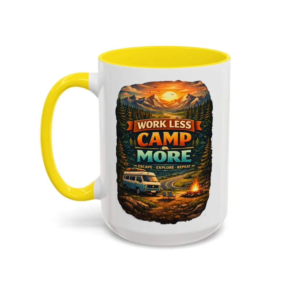 Accent Coffee Mug (11, 15oz) — "Work Less-Camp More" Design Scenic-Line
