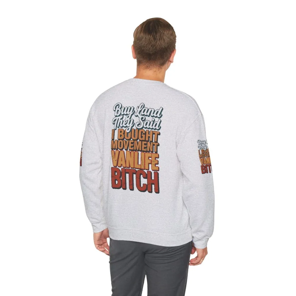 Unisex Heavy Blend™ Crewneck Sweatshirt — "Buy Land They Said" Design F**K-Line