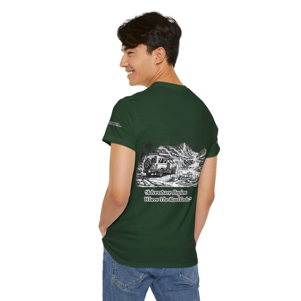Unisex Heavy Cotton Tee — "Adventure Begins Where The Road Ends" Design Minimal-Line
