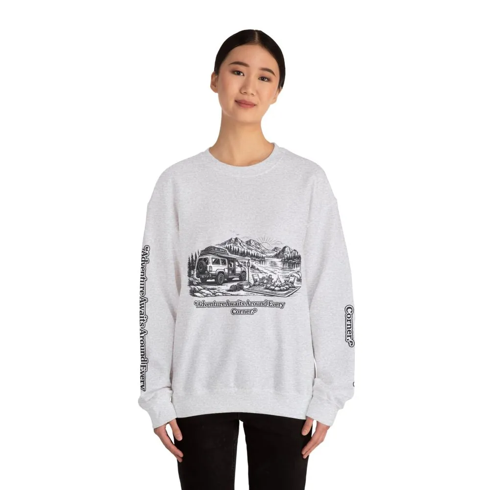8335225360753253467_2048.jpeg Unisex Heavy Blend™ Crewneck Sweatshirt — "Adventure Awaits Around Every Corner" Design Minimal-Line
