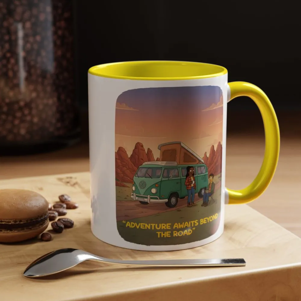 Accent Coffee Mug (11, 15oz) — "Adventure Awaits Beyond The Road" Design Sitcom-Line
