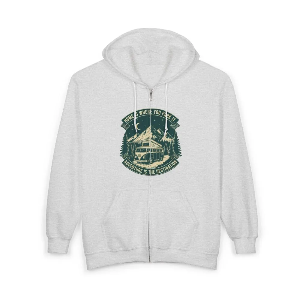 8343612042194160501_2048.jpeg Zip Hoodie — "Home Is Where You Park It-Adventure is the destination"(Only Front Printed) Camper Van Adventure Zip-Up